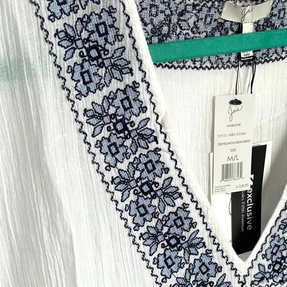 Joie Tunic Beach Dress Coverup M/L White V-Neck Blue Embroidered Cotton Summer - Picture 8 of 11